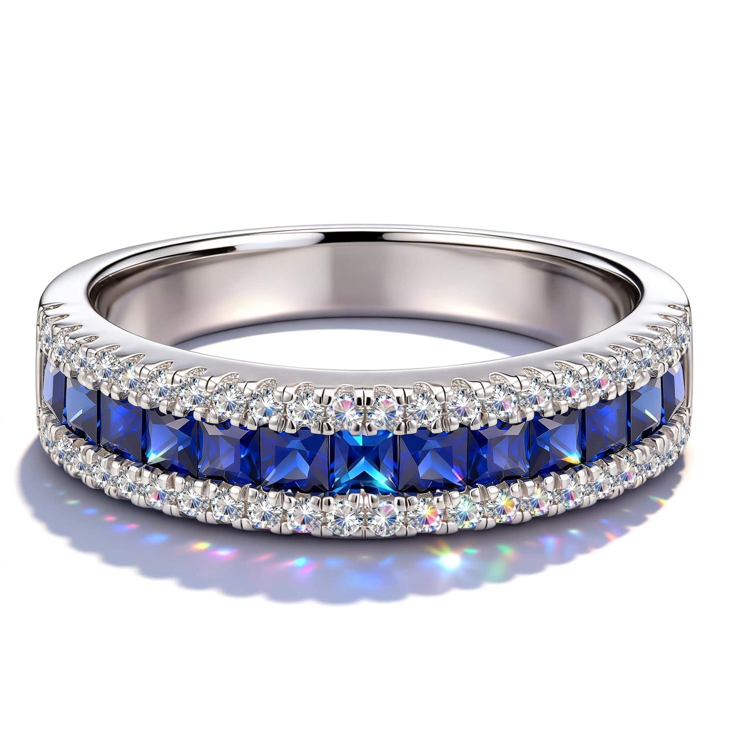 Lab-Created Blue Sapphire Band Ring in White Gold Plating (Includes GRC Certification From Gemstone Research Center)
