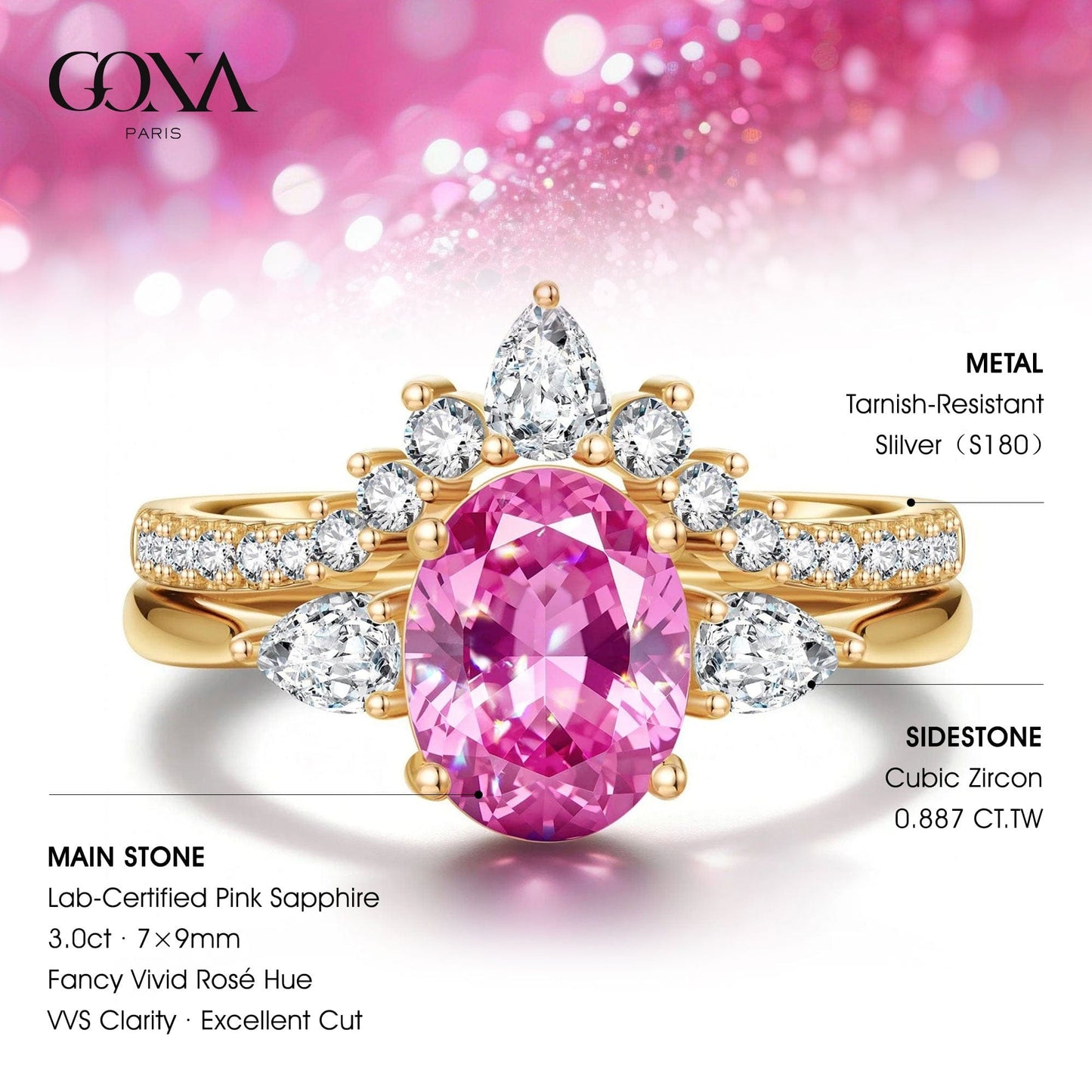 Oval Brilliant Cut Fancy Vivid Rose Hue Lab-Certified Pink Sapphire - Classic Stackable Ring Sets 14K Yellow Gold Plated (Includes GRC Certification from Gemstone Research Center)