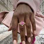 Oval Brilliant Cut Fancy Vivid Rose Hue Lab-Certified Pink Sapphire - Classic Stackable Ring Sets 14K Yellow Gold Plated (Includes GRC Certification from Gemstone Research Center)