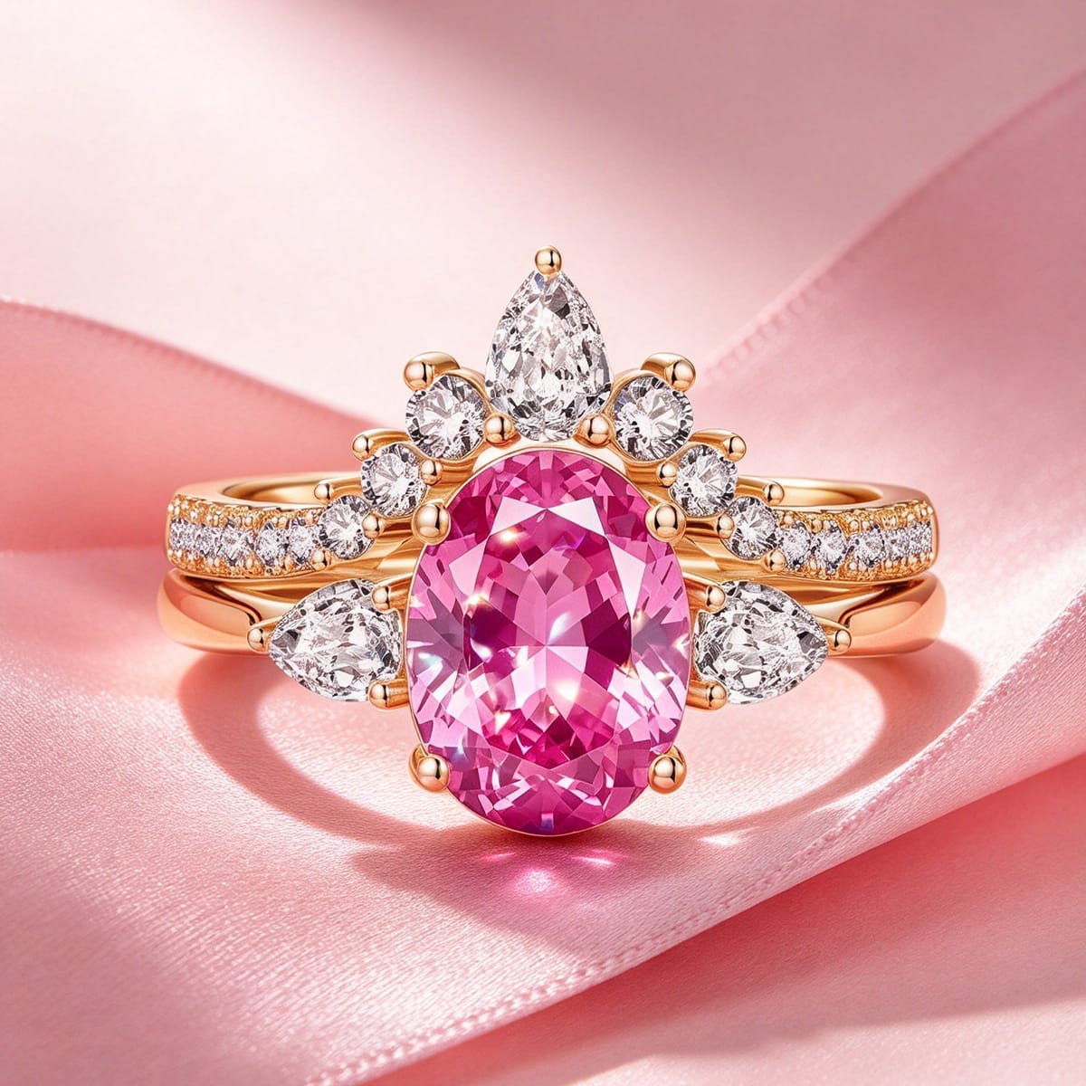Oval Brilliant Cut Fancy Vivid Rose Hue Lab-Certified Pink Sapphire - Classic Stackable Ring Sets 14K Yellow Gold Plated (Includes GRC Certification from Gemstone Research Center)