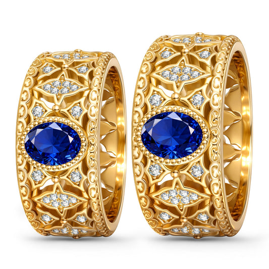 gona- Oval Brilliant Cut Royal Blue Hue Lab-Certified Blue Sapphire - Vintage Filigree Engagement  Ring 14K Yellow Gold Plated (Includes GRC Certification from Gemstone Research Center)