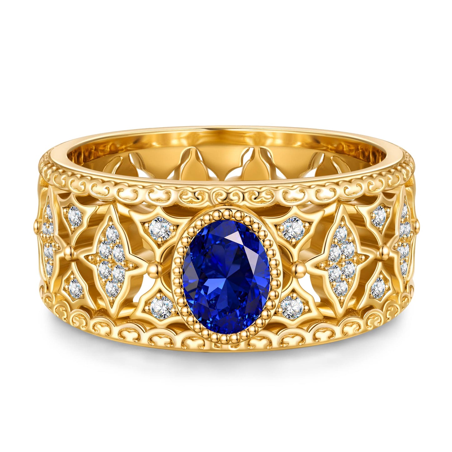 Oval Brilliant Cut Royal Blue Hue Lab-Certified Blue Sapphire - Vintage Filigree Engagement  Ring 14K Yellow Gold Plated (Includes GRC Certification from Gemstone Research Center)