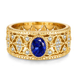 Oval Brilliant Cut Royal Blue Hue Lab-Certified Blue Sapphire - Vintage Filigree Engagement  Ring 14K Yellow Gold Plated (Includes GRC Certification from Gemstone Research Center)