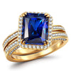 Radiant Cut Royal Blue Hue Lab-Certified Blue Sapphire - Halo Classic Engagement Ring 14K Yellow Gold Plated (Includes GRC Certification from Gemstone Research Center)
