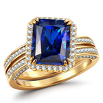 Radiant Cut Royal Blue Hue Lab-Certified Blue Sapphire - Halo Classic Engagement Ring 14K Yellow Gold Plated (Includes GRC Certification from Gemstone Research Center)
