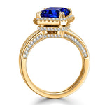 Radiant Cut Royal Blue Hue Lab-Certified Blue Sapphire - Halo Classic Engagement Ring 14K Yellow Gold Plated (Includes GRC Certification from Gemstone Research Center)
