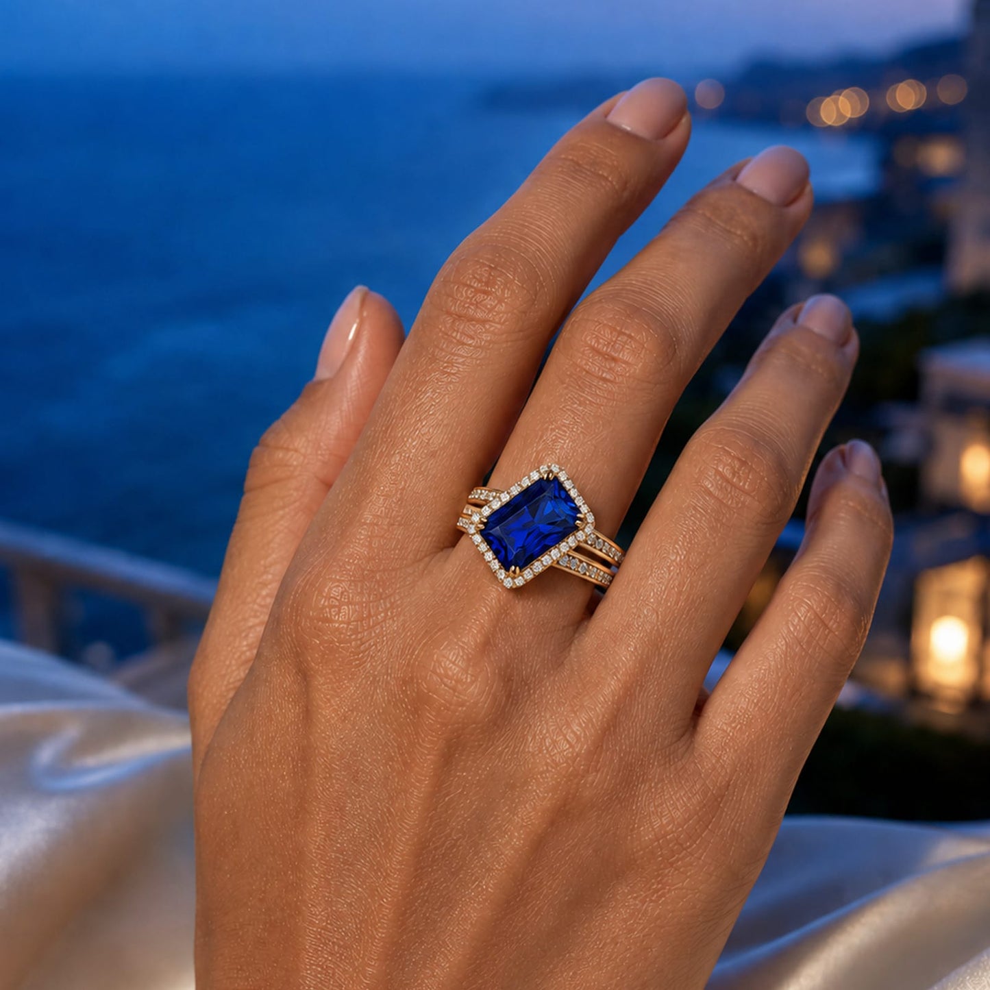 Radiant Cut Royal Blue Hue Lab-Certified Blue Sapphire - Halo Classic Engagement Ring 14K Yellow Gold Plated (Includes GRC Certification from Gemstone Research Center)
