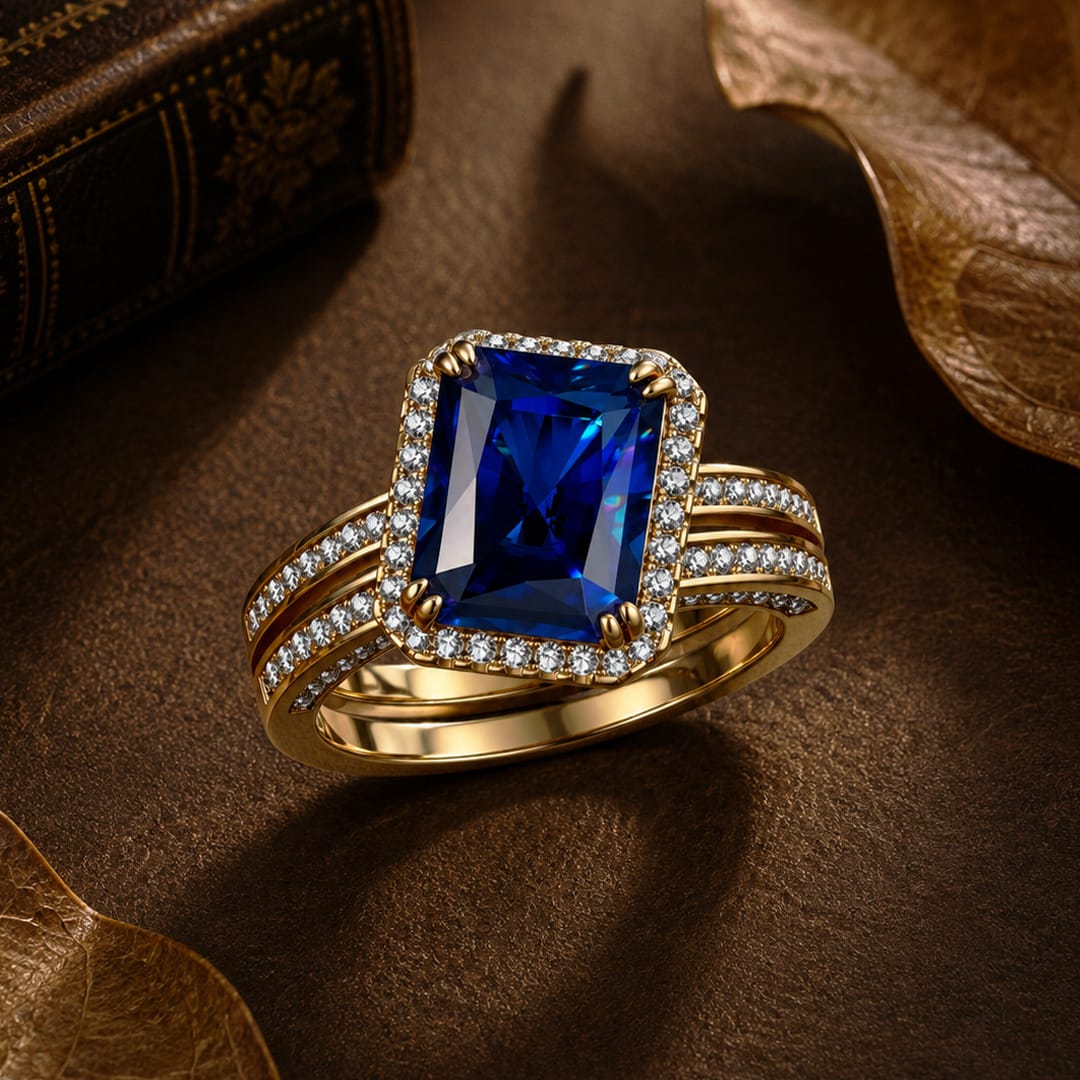 Radiant Cut Royal Blue Hue Lab-Certified Blue Sapphire - Halo Classic Engagement Ring 14K Yellow Gold Plated (Includes GRC Certification from Gemstone Research Center)
