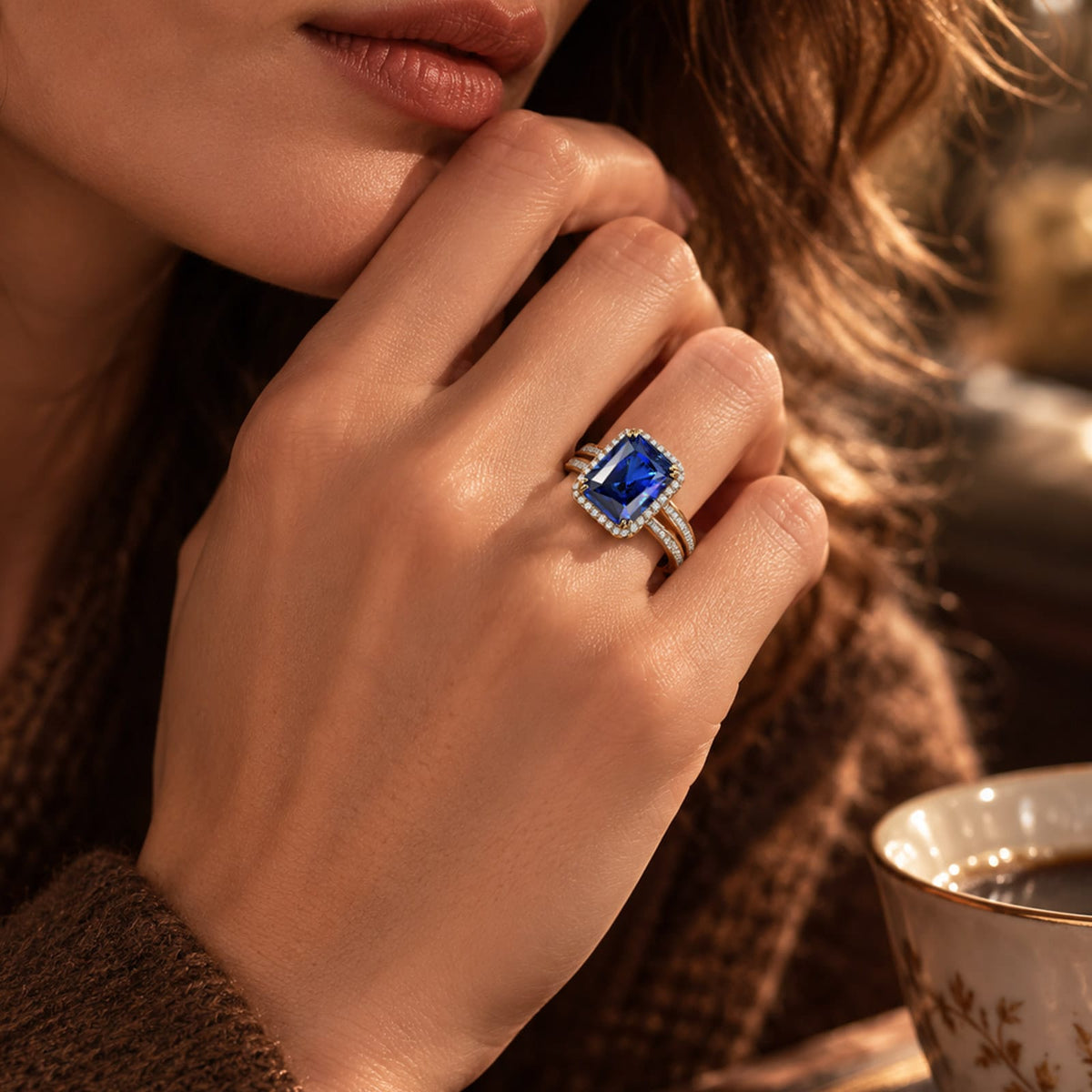 Radiant Cut Royal Blue Hue Lab-Certified Blue Sapphire - Halo Classic Engagement Ring 14K Yellow Gold Plated (Includes GRC Certification from Gemstone Research Center)