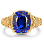 11*9mm Cushion Modified Brilliant Cut Royal Blue Hue Lab-Certified Blue Sapphire - Pave Classic Engagement Ring 14K Yellow Gold Plated (Includes GRC Certification from Gemstone Research Center)