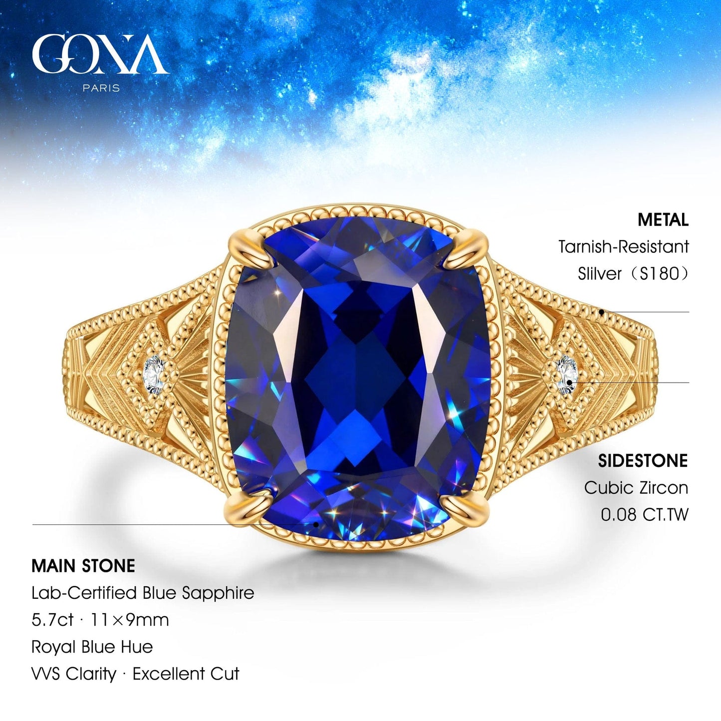 11*9mm Cushion Modified Brilliant Cut Royal Blue Hue Lab-Certified Blue Sapphire - Pave Classic Engagement Ring 14K Yellow Gold Plated (Includes GRC Certification from Gemstone Research Center)