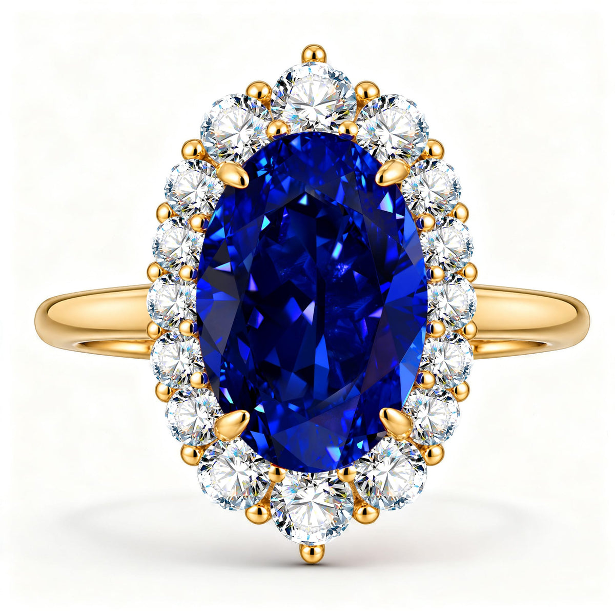 Oval Lab-Grown Sapphire Halo Engagement Ring in 14K Yellow Gold Plated Silver