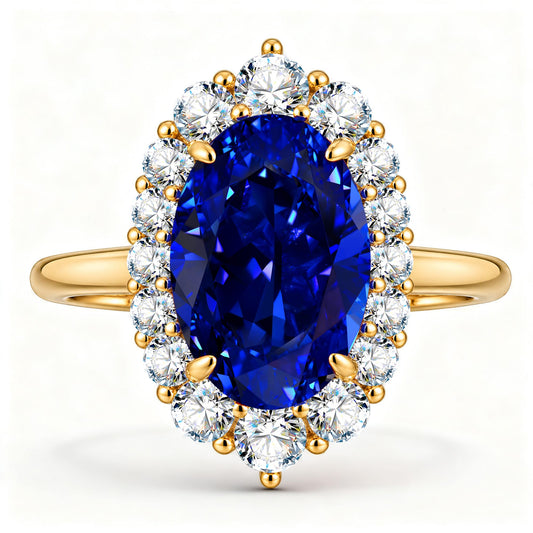 gona- Oval Lab-Grown Sapphire Halo Engagement Ring in 14K Yellow Gold Plated Silver