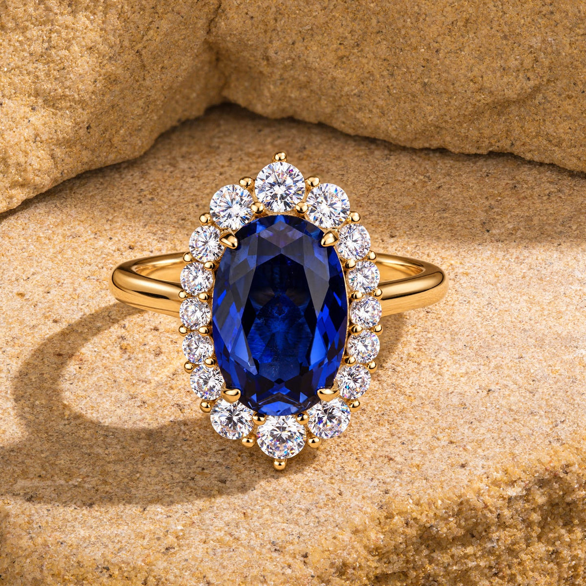 Oval Lab-Grown Sapphire Halo Engagement Ring in 14K Yellow Gold Plated Silver