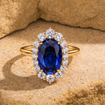 Oval Lab-Grown Sapphire Halo Engagement Ring in 14K Yellow Gold Plated Silver