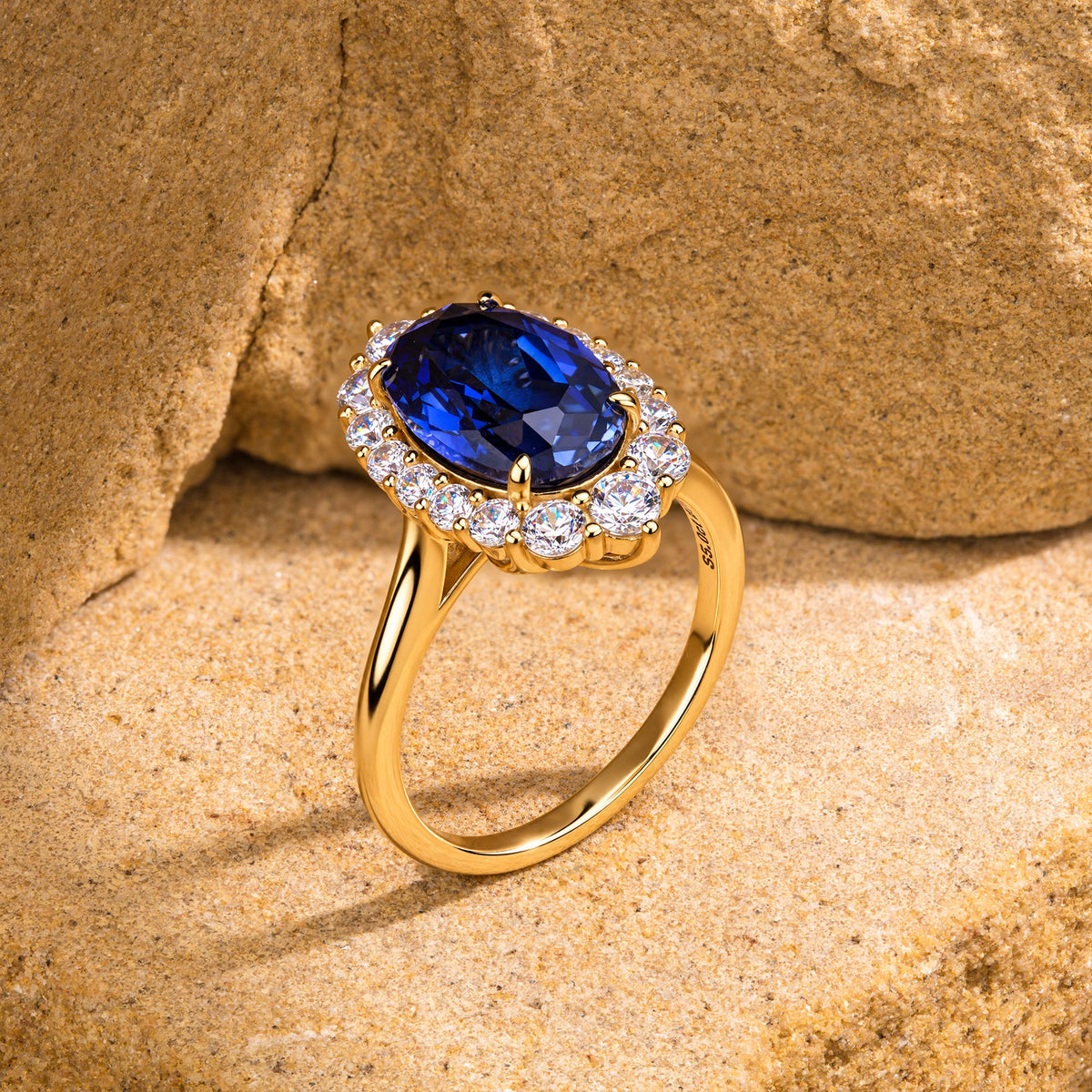 Oval Lab-Grown Sapphire Halo Engagement Ring in 14K Yellow Gold Plated Silver