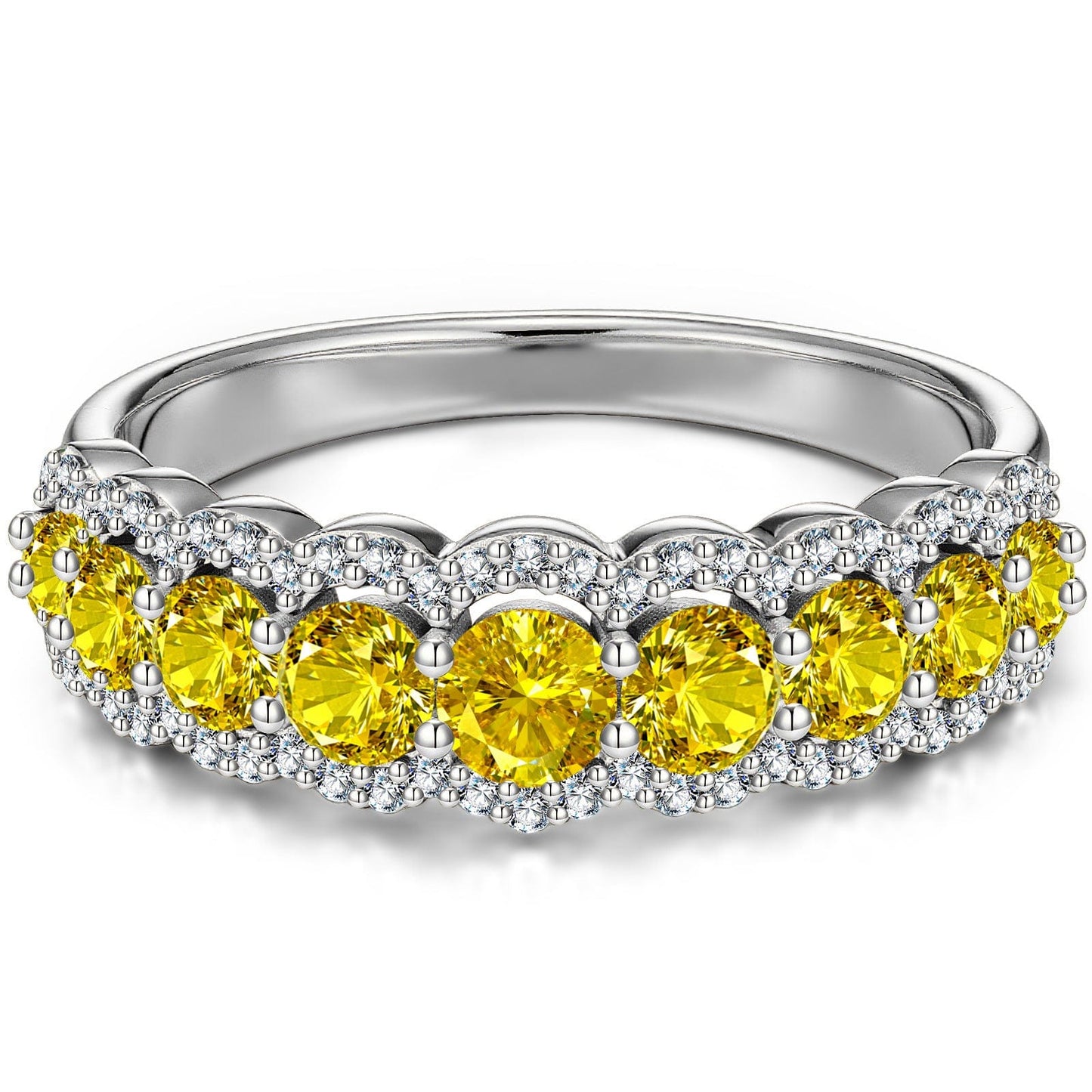 Round Brilliant Cut Fancy Vivid Yellow Lab-Certified Yellow Sapphire - Half Eternity Ring White Gold Plated (Includes GRC Certification from Gemstone Research Center)