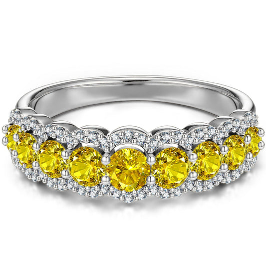 gona- Round Brilliant Cut Fancy Vivid Yellow Lab-Certified Yellow Sapphire - Half Eternity Ring White Gold Plated (Includes GRC Certification from Gemstone Research Center)