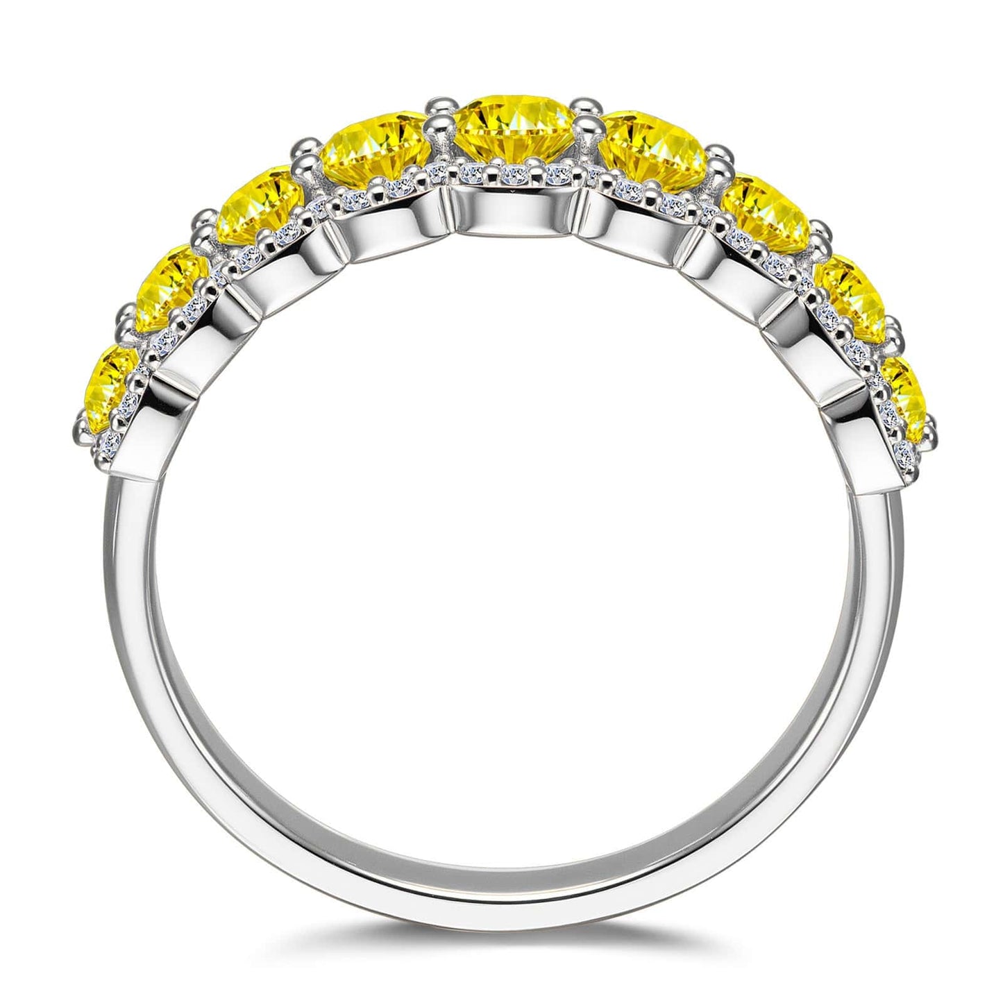 Round Brilliant Cut Fancy Vivid Yellow Lab-Certified Yellow Sapphire - Half Eternity Ring White Gold Plated (Includes GRC Certification from Gemstone Research Center)