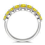 Round Brilliant Cut Fancy Vivid Yellow Lab-Certified Yellow Sapphire - Half Eternity Ring White Gold Plated (Includes GRC Certification from Gemstone Research Center)