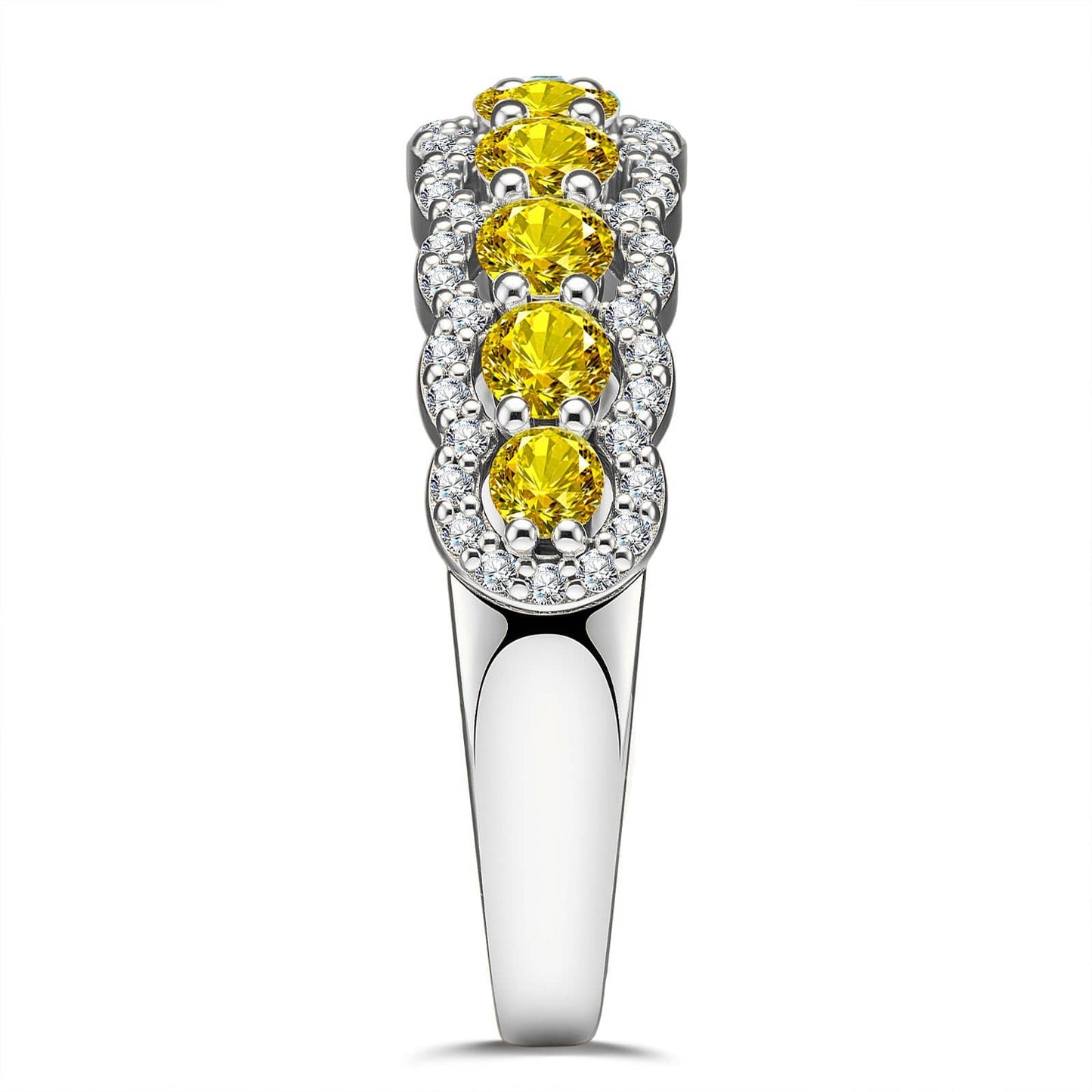 Round Brilliant Cut Fancy Vivid Yellow Lab-Certified Yellow Sapphire - Half Eternity Ring White Gold Plated (Includes GRC Certification from Gemstone Research Center)