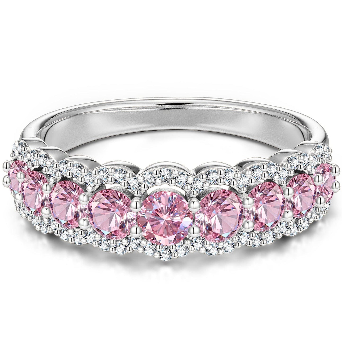 Round Brilliant Cut Fancy Vivid Pink Lab-Certified Pink Sapphire - Half Eternity Ring White Gold Plated (Includes GRC Certification from Gemstone Research Center)