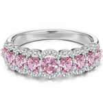 Round Brilliant Cut Fancy Vivid Pink Lab-Certified Pink Sapphire - Half Eternity Ring White Gold Plated (Includes GRC Certification from Gemstone Research Center)