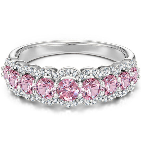 gona- Round Brilliant Cut Fancy Vivid Pink Lab-Certified Pink Sapphire - Half Eternity Ring White Gold Plated (Includes GRC Certification from Gemstone Research Center)