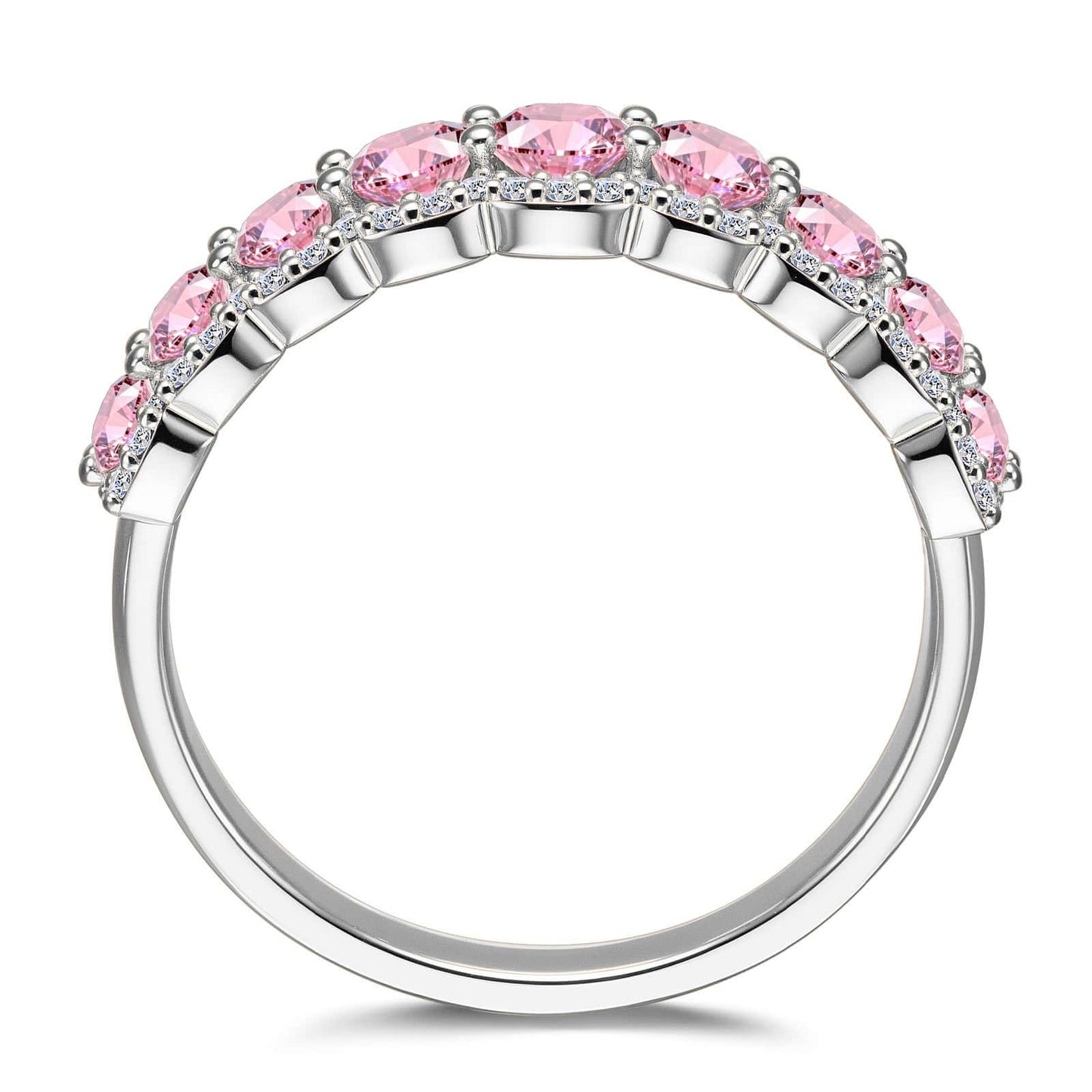 Round Brilliant Cut Fancy Vivid Pink Lab-Certified Pink Sapphire - Half Eternity Ring White Gold Plated (Includes GRC Certification from Gemstone Research Center)