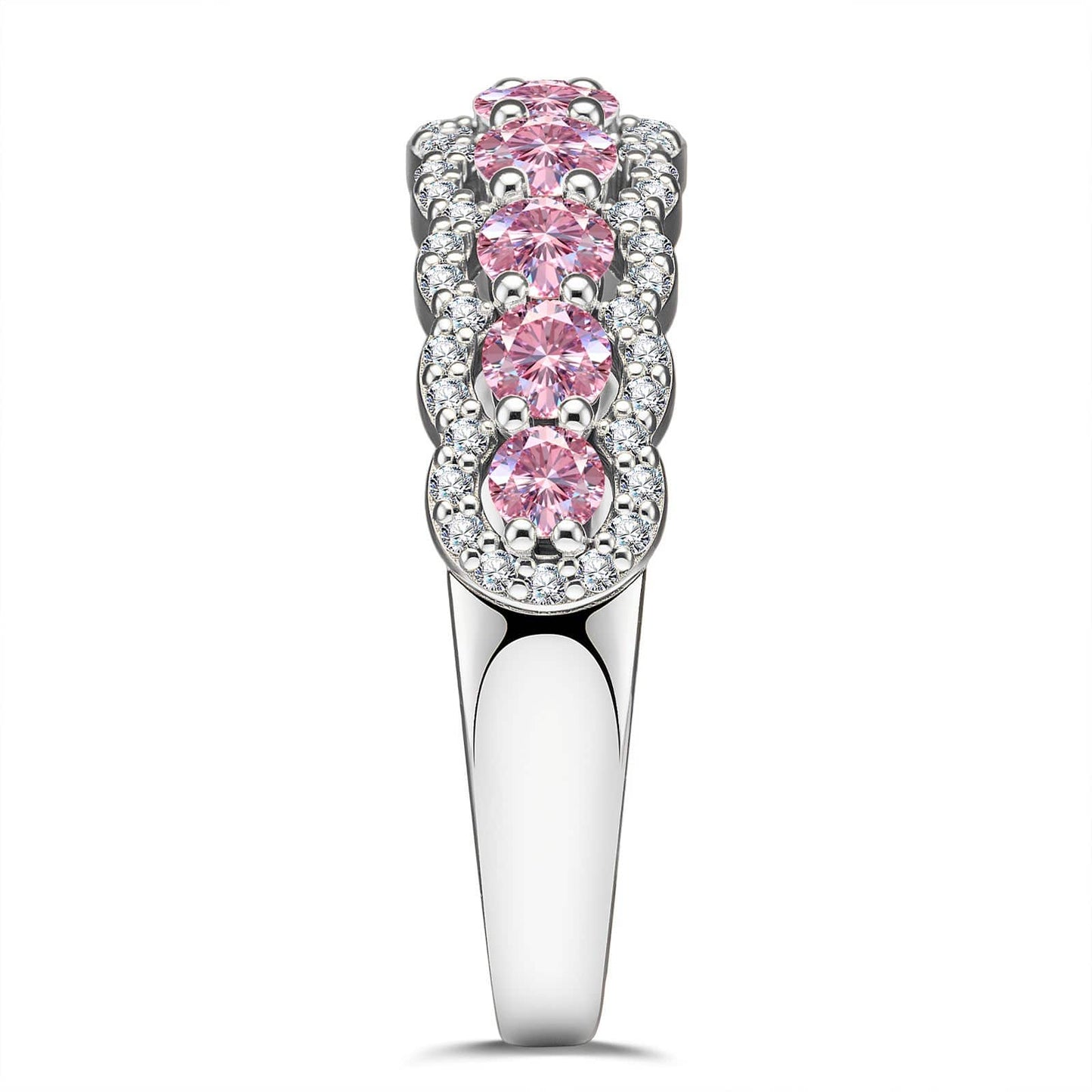 Round Brilliant Cut Fancy Vivid Pink Lab-Certified Pink Sapphire - Half Eternity Ring White Gold Plated (Includes GRC Certification from Gemstone Research Center)