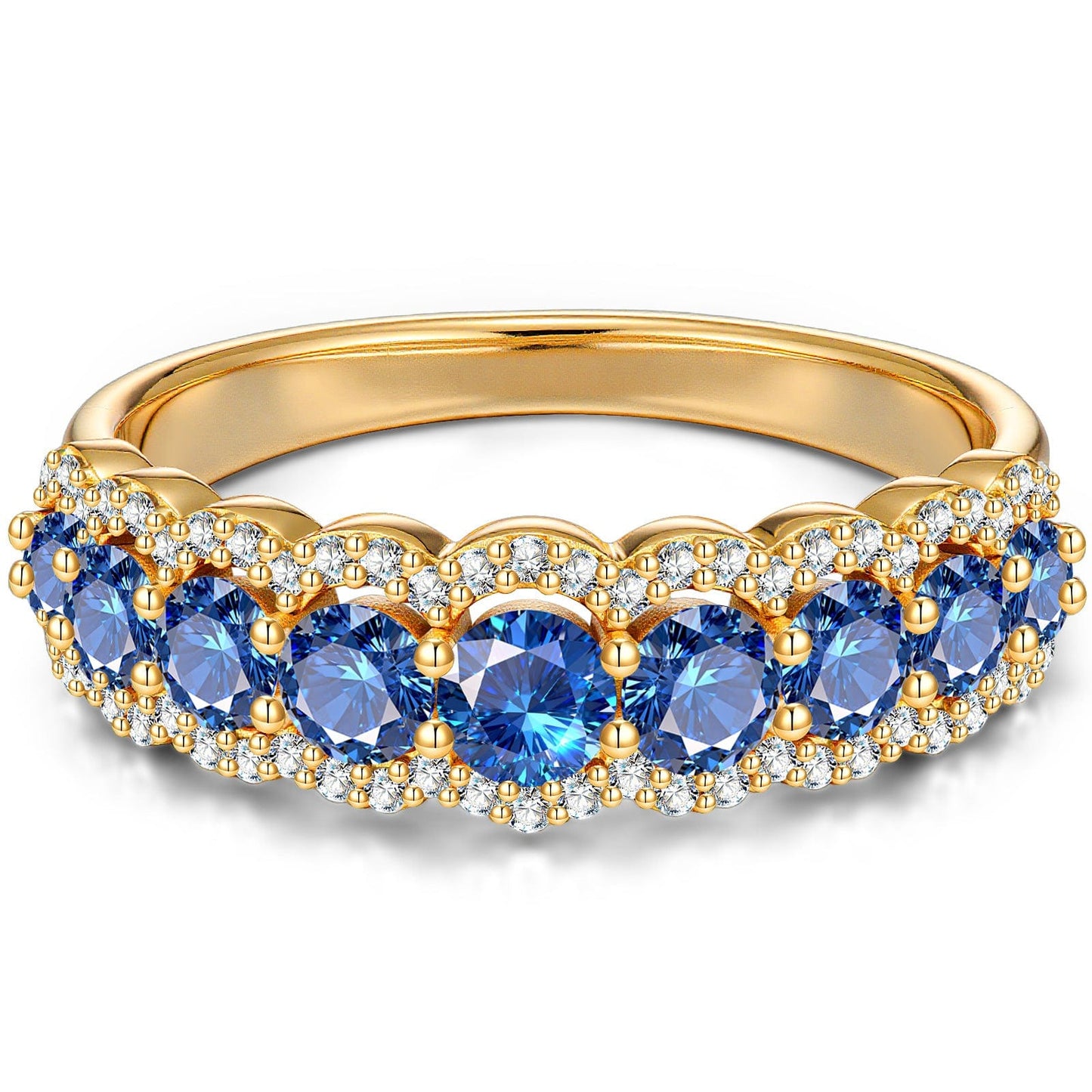 Round Brilliant Cut Royal Blue Lab-Certified Blue Sapphire - Half Eternity Ring 14K Yellow Gold Plated (Includes GRC Certification from Gemstone Research Center)