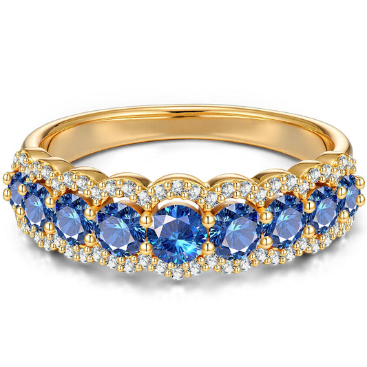 gona- Round Brilliant Cut Royal Blue Lab-Certified Blue Sapphire - Half Eternity Ring 14K Yellow Gold Plated (Includes GRC Certification from Gemstone Research Center)