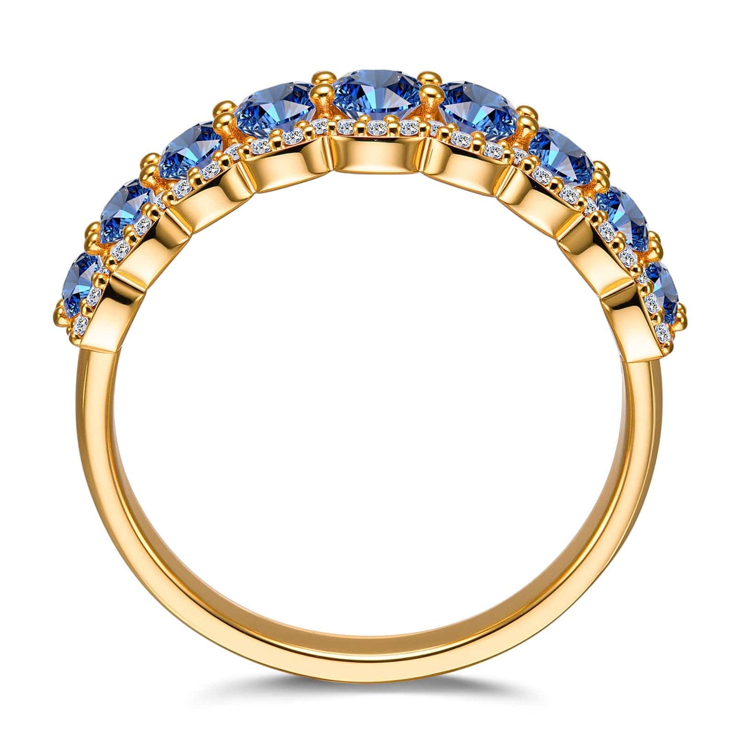 Round Brilliant Cut Royal Blue Lab-Certified Blue Sapphire - Half Eternity Ring 14K Yellow Gold Plated (Includes GRC Certification from Gemstone Research Center)
