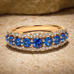 Round Brilliant Cut Royal Blue Lab-Certified Blue Sapphire - Half Eternity Ring 14K Yellow Gold Plated (Includes GRC Certification from Gemstone Research Center)