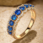 Round Brilliant Cut Royal Blue Lab-Certified Blue Sapphire - Half Eternity Ring 14K Yellow Gold Plated (Includes GRC Certification from Gemstone Research Center)
