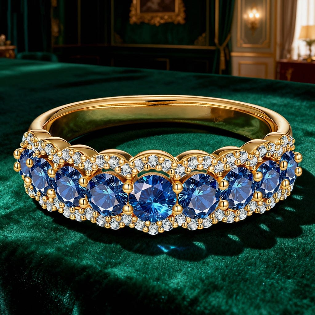 Round Brilliant Cut Royal Blue Lab-Certified Blue Sapphire - Half Eternity Ring 14K Yellow Gold Plated (Includes GRC Certification from Gemstone Research Center)