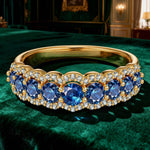 Round Brilliant Cut Royal Blue Lab-Certified Blue Sapphire - Half Eternity Ring 14K Yellow Gold Plated (Includes GRC Certification from Gemstone Research Center)