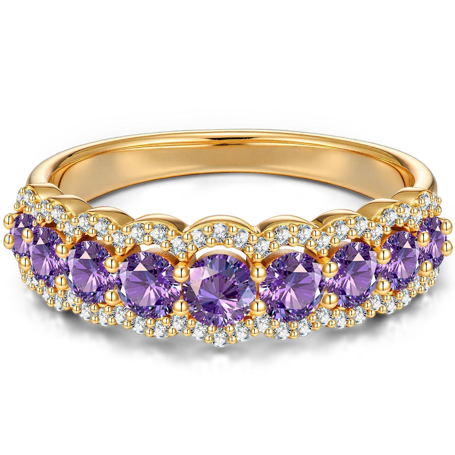 Round Brilliant Cut Fancy Vivid Violet Hue Lab-Certified Purple Sapphire - Half Eternity Ring 14K Yellow Gold Plated (Includes GRC Certification from Gemstone Research Center)