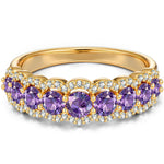 Round Brilliant Cut Fancy Vivid Violet Hue Lab-Certified Purple Sapphire - Half Eternity Ring 14K Yellow Gold Plated (Includes GRC Certification from Gemstone Research Center)