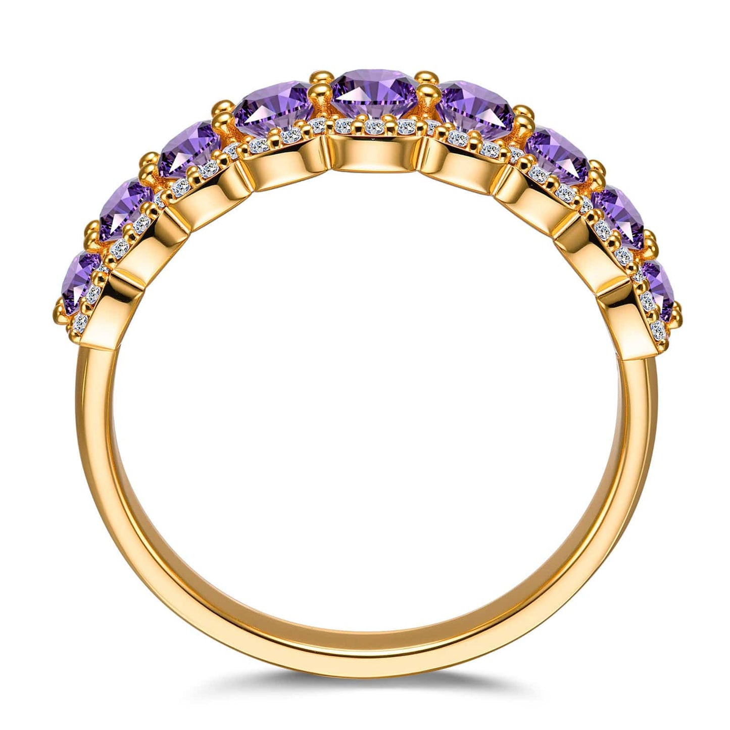 Round Brilliant Cut Fancy Vivid Violet Hue Lab-Certified Purple Sapphire - Half Eternity Ring 14K Yellow Gold Plated (Includes GRC Certification from Gemstone Research Center)