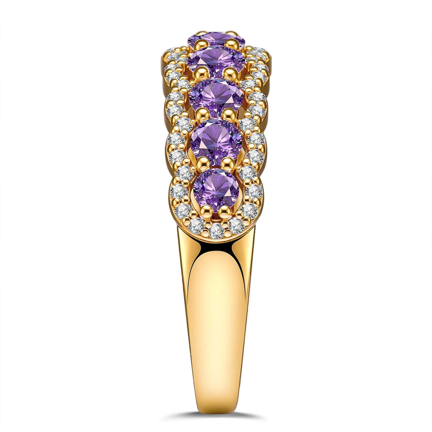 Round Brilliant Cut Fancy Vivid Violet Hue Lab-Certified Purple Sapphire - Half Eternity Ring 14K Yellow Gold Plated (Includes GRC Certification from Gemstone Research Center)