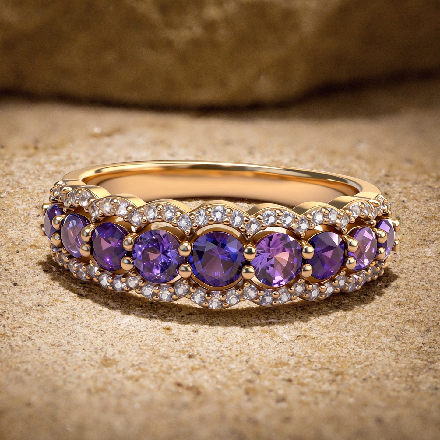 Round Brilliant Cut Fancy Vivid Violet Hue Lab-Certified Purple Sapphire - Half Eternity Ring 14K Yellow Gold Plated (Includes GRC Certification from Gemstone Research Center)