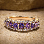 Round Brilliant Cut Fancy Vivid Violet Hue Lab-Certified Purple Sapphire - Half Eternity Ring 14K Yellow Gold Plated (Includes GRC Certification from Gemstone Research Center)