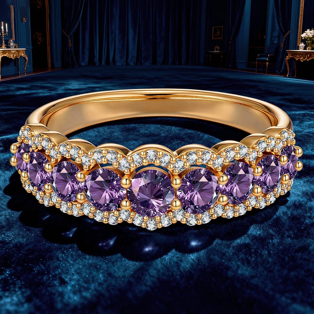 Round Brilliant Cut Fancy Vivid Violet Hue Lab-Certified Purple Sapphire - Half Eternity Ring 14K Yellow Gold Plated (Includes GRC Certification from Gemstone Research Center)