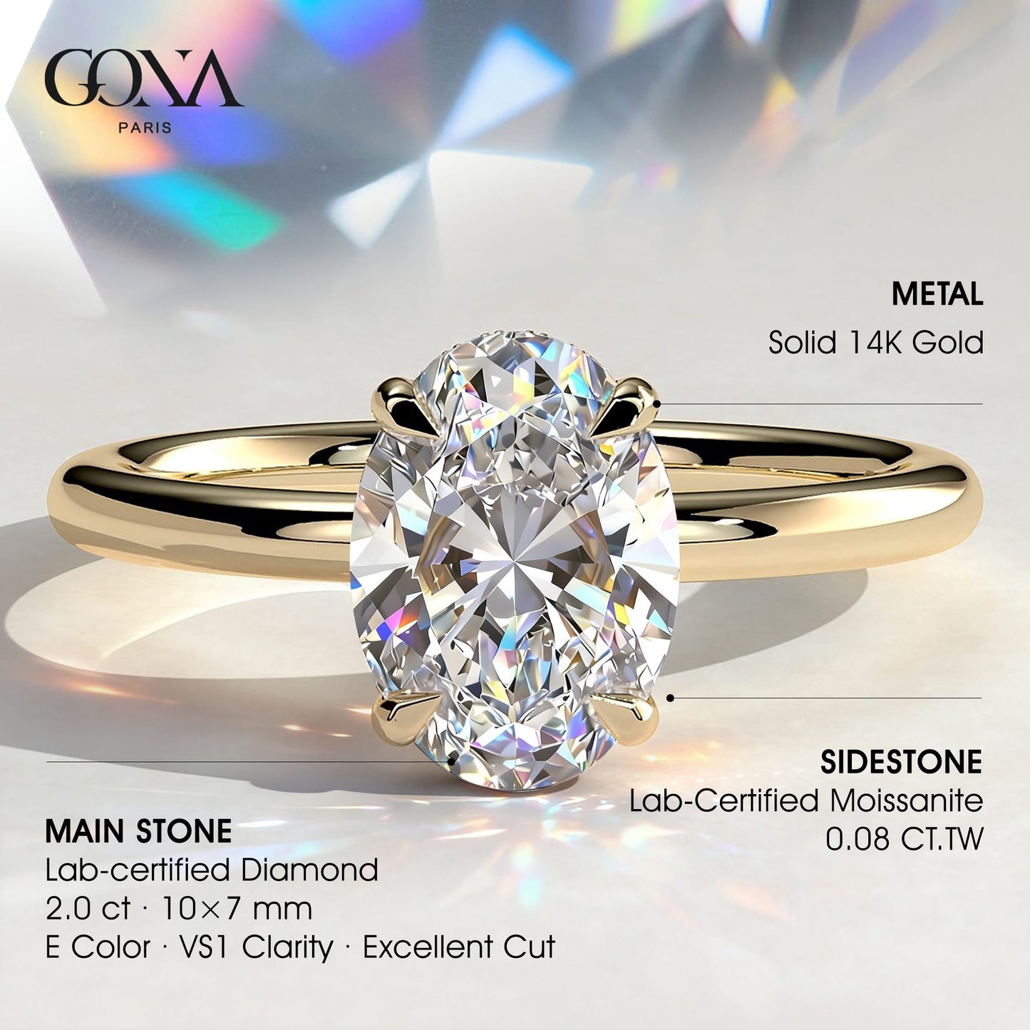 2ct IGI Certified Oval Lab-Grown Diamond Ring with Hidden Halo & Claw Setting in Solid 14K Yellow Gold (Includes IGI Certification from International Gemological Institute)