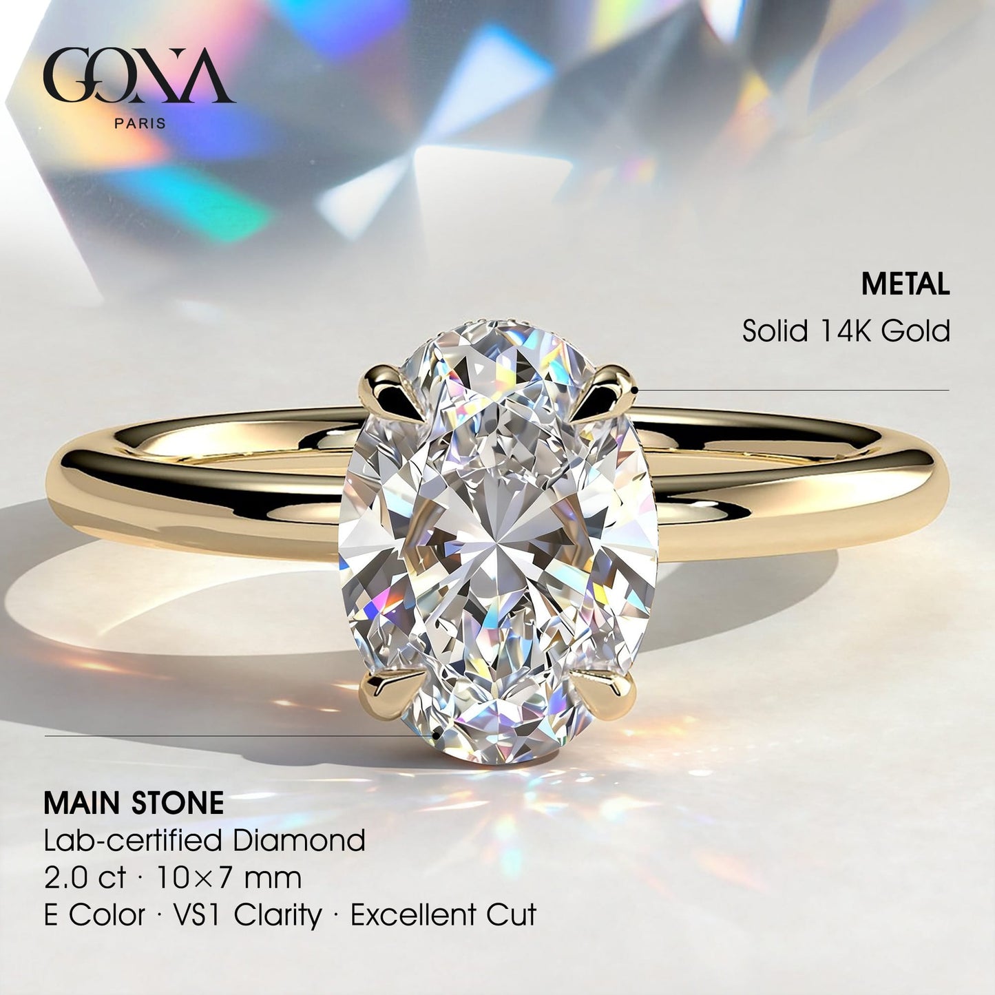 2ct Oval Lab-Grown Diamond Solitaire Ring with Claw Setting in Solid 14K Yellow Gold (Includes IGI Certification from International Gemological Institute)
