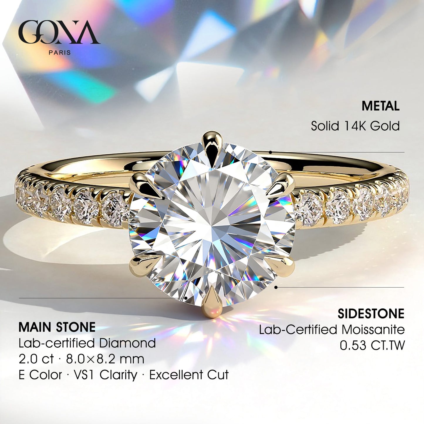 2ct Round Lab-Grown Diamond Ring with Wraparound Hidden Halo & Pave Band Cathedral Setting in Solid 14K Yellow Gold (Includes IGI Certification from International Gemological Institute)
