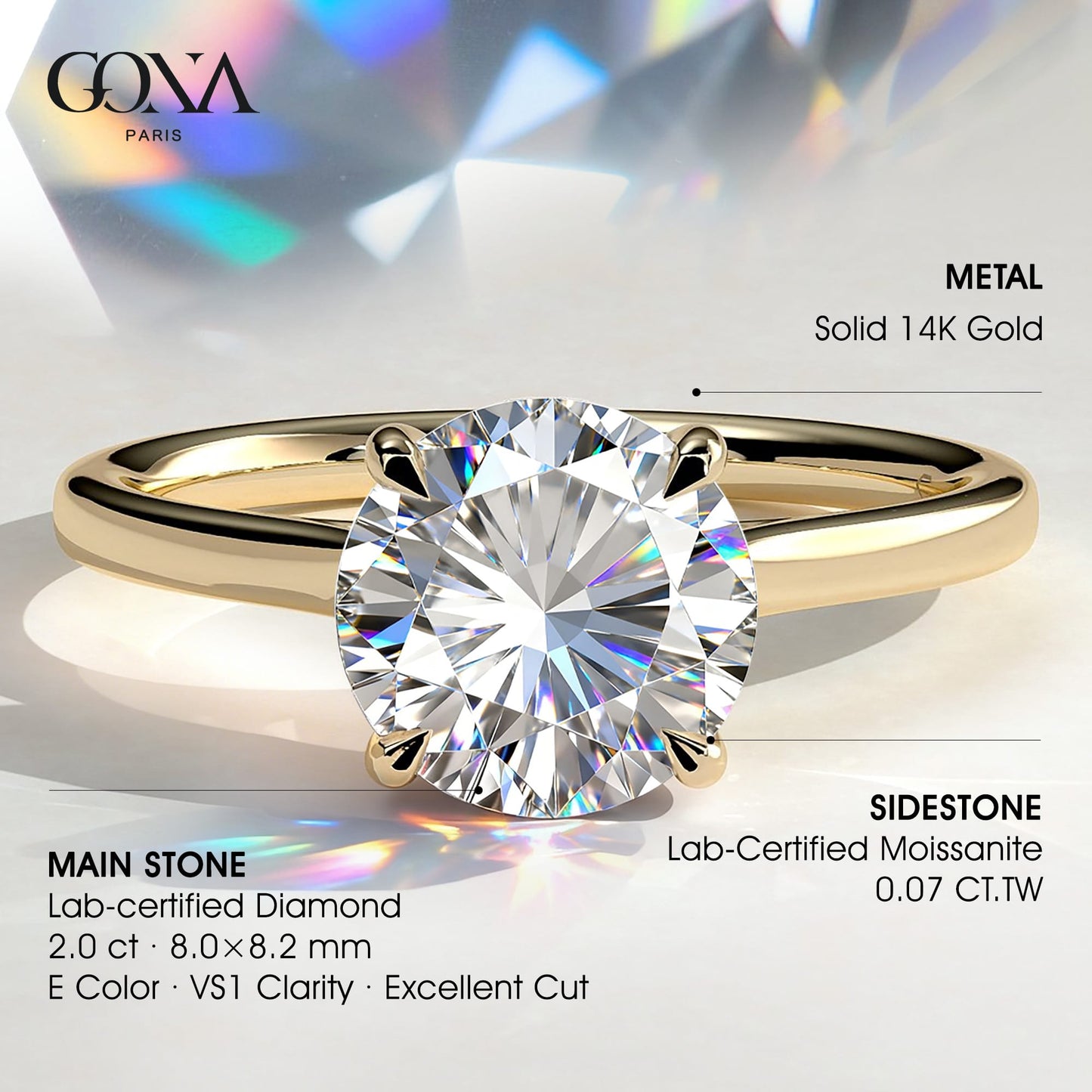2ct Round Lab-Grown Diamond Ring with Hidden Halo Cathedral Setting in Solid 14K Yellow Gold (Includes IGI Certification from International Gemological Institute)