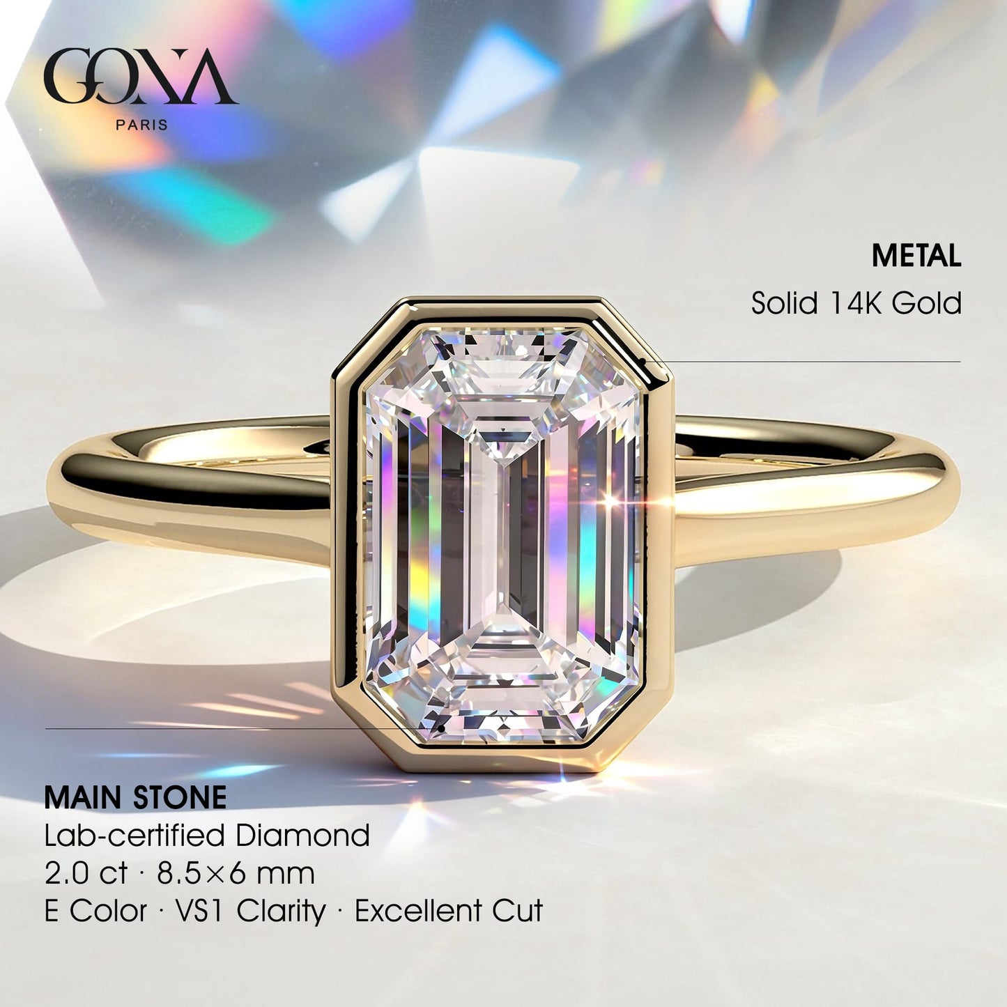2ct Emerald-Cut Lab-Grown Diamond Ring with Bezel Setting Cathedral Setting in Solid 14K Yellow Gold (Includes IGI Certification from International Gemological Institute)