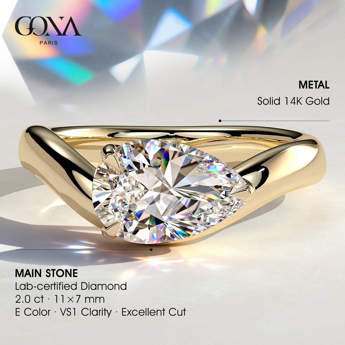 2ct Pear Lab-Grown Diamond Ring in East-West Setting with Wave Band Claw Setting in Solid 14K Yellow Gold (Includes IGI Certification from International Gemological Institute)